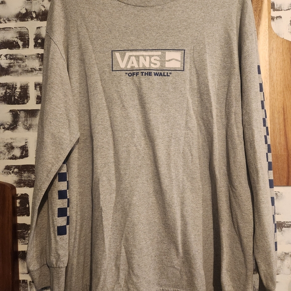 Vans Gray Long Sleeve Tee with Blue Checkered Sleeves - Picture 1 of 5